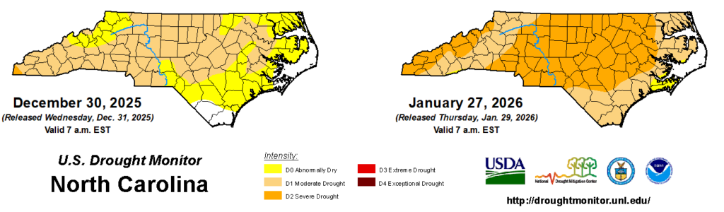 A comparison of drought maps from December 30, 2025, and January 27, 2026, in North Carolina