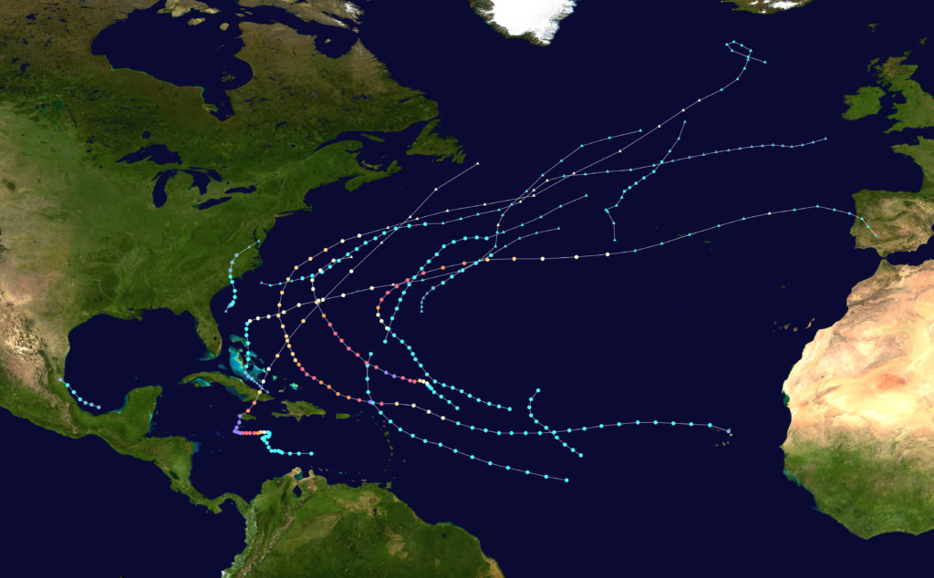 A map of tropical storm tracks in the Atlantic Ocean in 2025