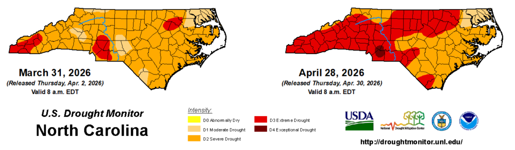 A comparison of drought maps from March 31, 2026, and April 28, 2026, in North Carolina