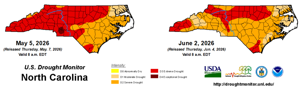 A comparison of drought maps from May 5, 2026, and June 2, 2026, in North Carolina