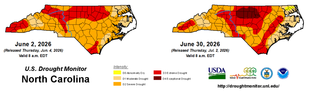 A comparison of drought maps from June 2, 2026, and June 30, 2026, in North Carolina