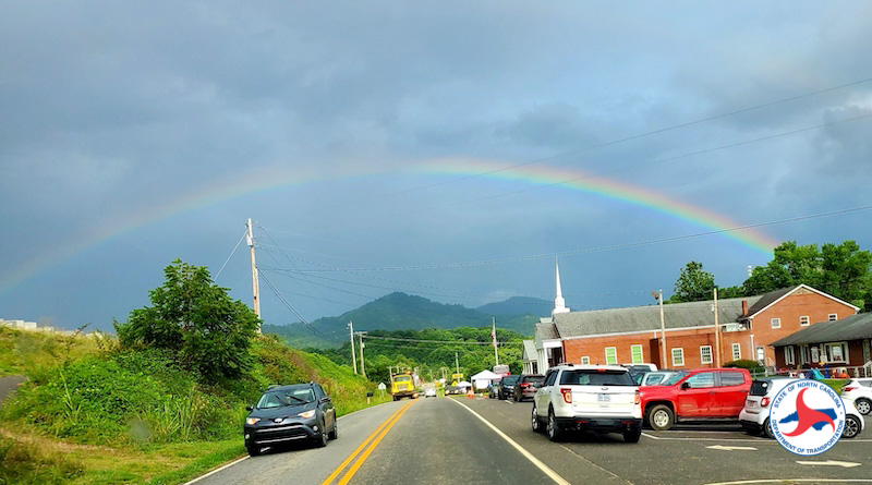 A photo of a rainbow in the sky over the town of Cruso following Tropical Storm Fred