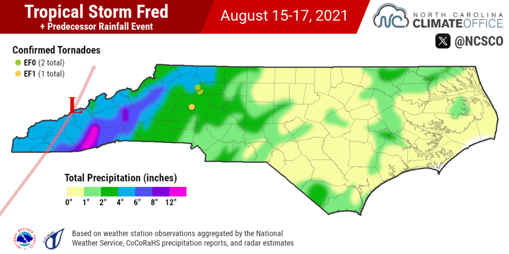 A map of total precipitation and confirmed tornadoes from Tropical Storm Fred and its predecessor rain event