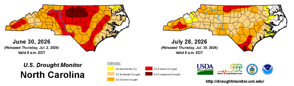 A comparison of drought maps from June 30, 2026, and July 28, 2026, in North Carolina