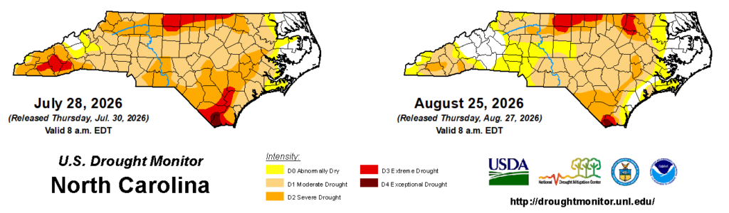A comparison of drought maps from July 28, 2026, and August 25, 2026, in North Carolina
